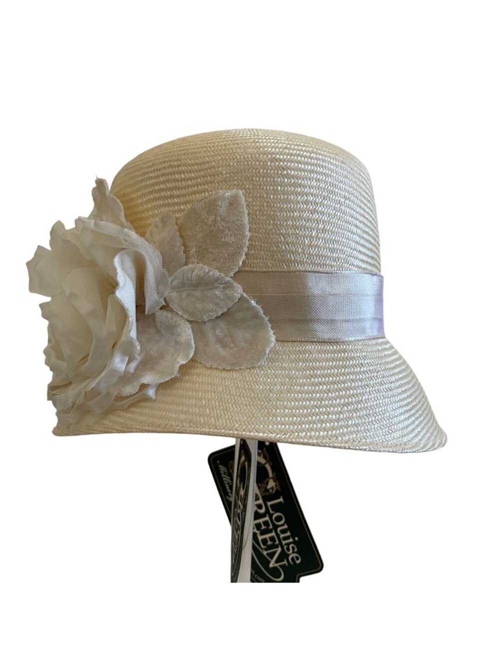 Louise Green Ivory Straw Hat With Satin Ribbon & Floral Accent
